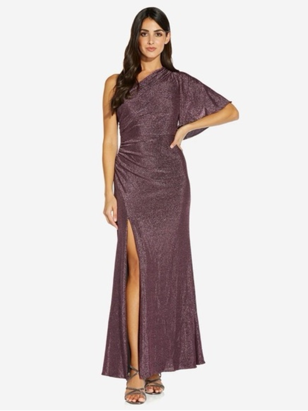 Adrianna Papell One-Shoulder Shimmery Plum Gown